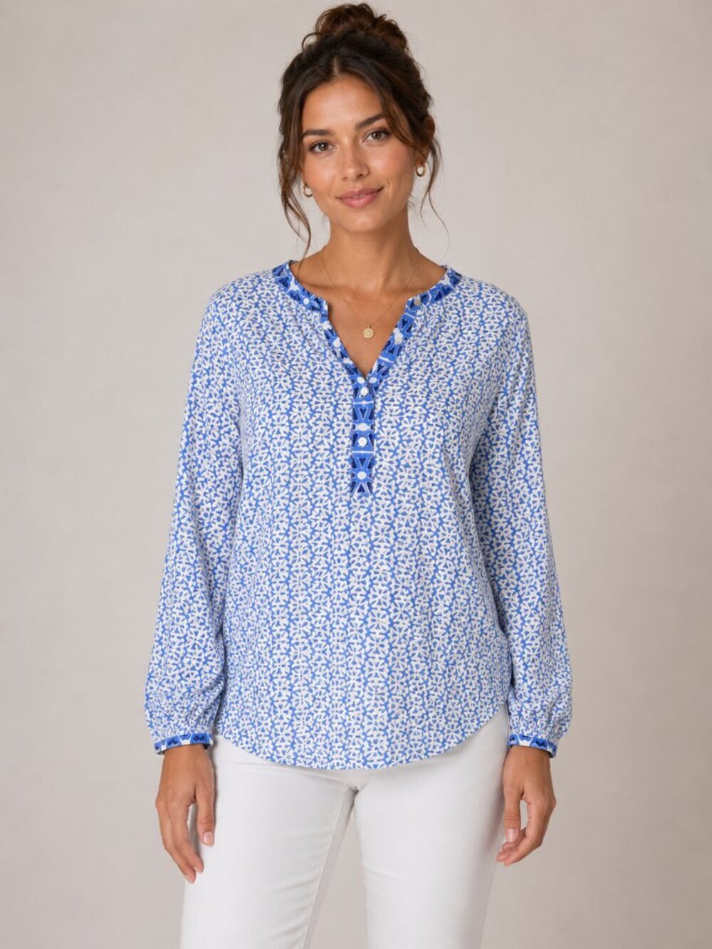 Vineyard Vines Blue White Coastal Print Tunic Blouse Women’s Medium Preppy Resor